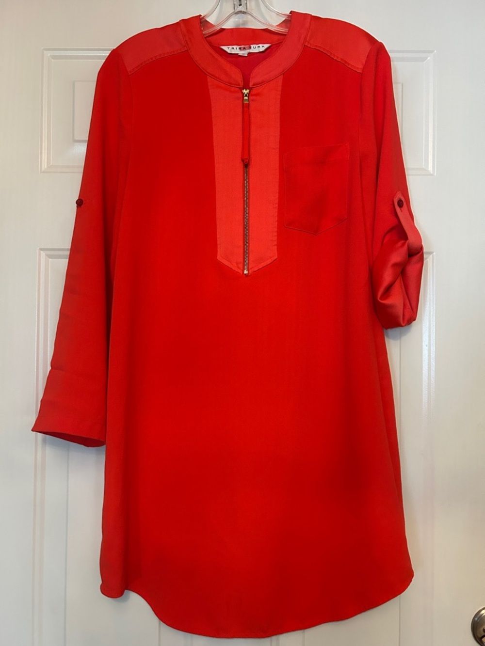 Trina Turk Kaiko Zip-Front Dress S Orange Mandarin Collar Tab Sleeve Luxury